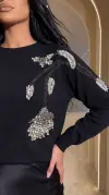 Siyah Taş İşlemeli Triko Bluz