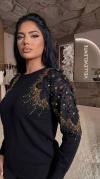 Gold 3D Çiçek Detaylı Siyah Triko Bluz