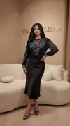 Etnik Desen Silver Taş İşlemeli Kol Detaylı Siyah Viskon Bluz