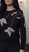 Çiçek Desenli Taş İşlemeli Triko Kumaş Bluz 