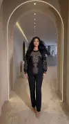 Etnik Desen Taş İşlemeli Tül Kol Detaylı Viskon Kumaş Bluz