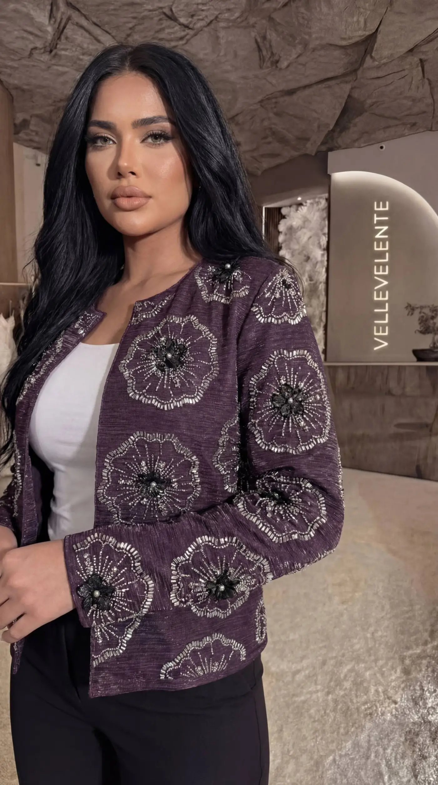 Mor 3D Çiçek Detaylı Mor Simli Ceket