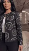 Siyah 3D Çiçek Detaylı Simli Ceket