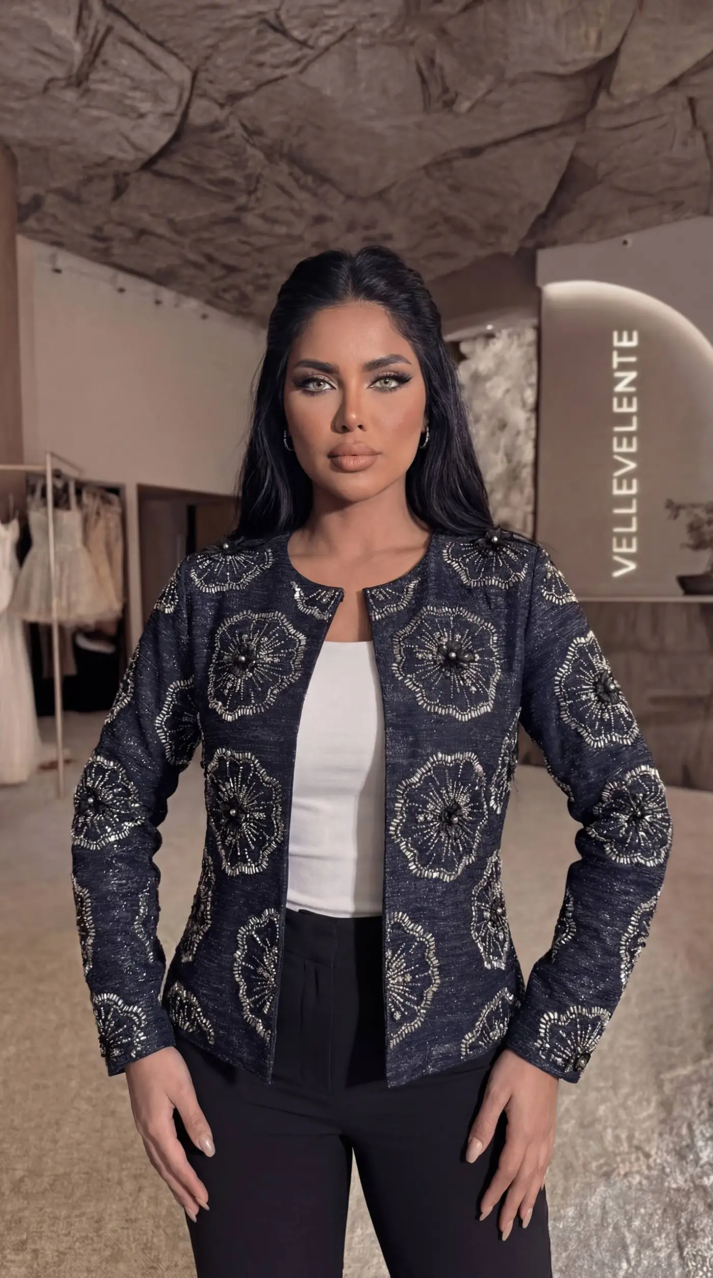 Lacivert 3D Çiçek Detaylı Simli Ceket