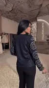 Lacivert 3D Çiçek Detaylı Simli Ceket