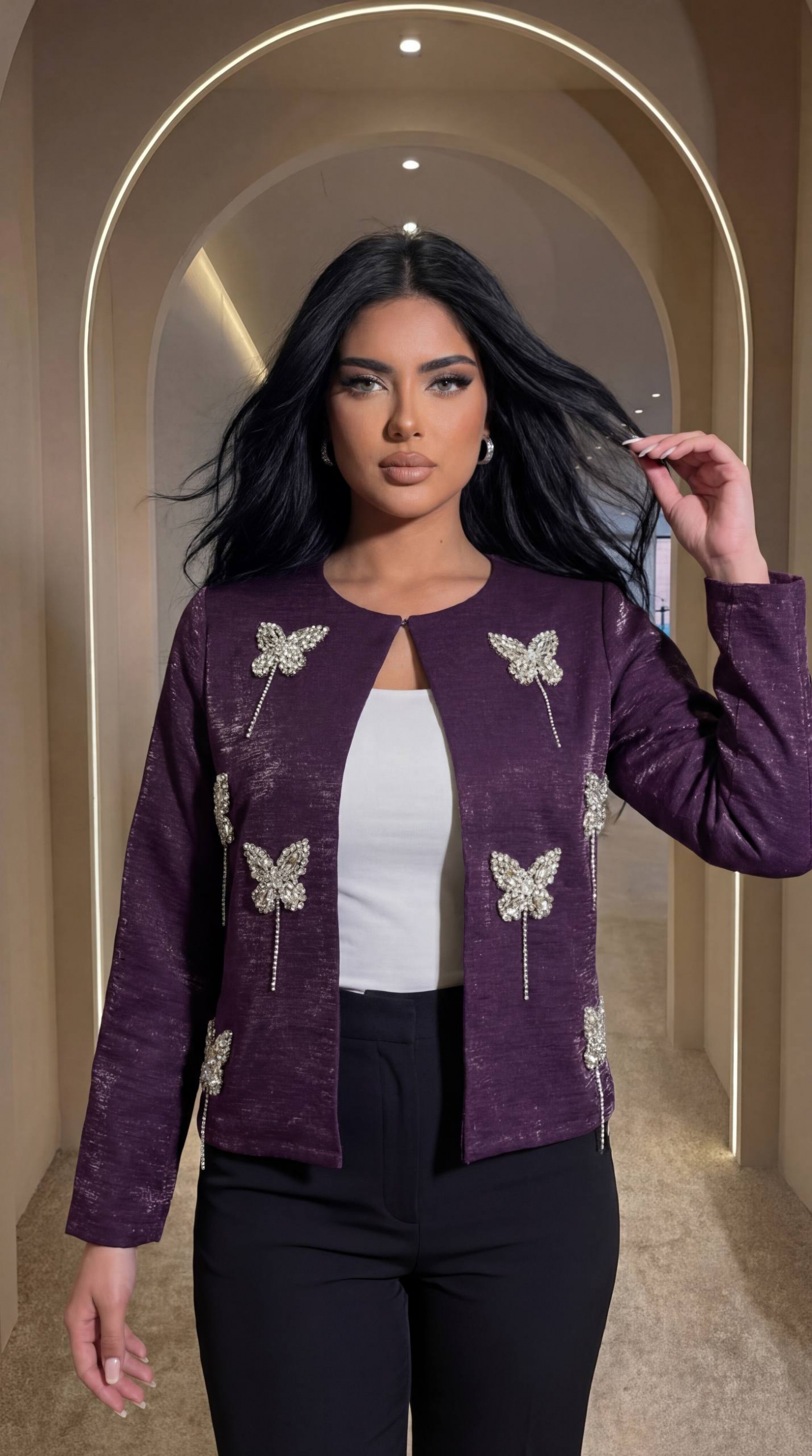 Mor 3D Kelebek Detaylı Mor Simli Ceket