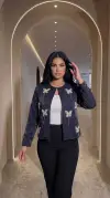 Lacivert 3D Kelebek Detaylı Simli Ceket