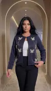 Lacivert 3D Kelebek Detaylı Simli Ceket