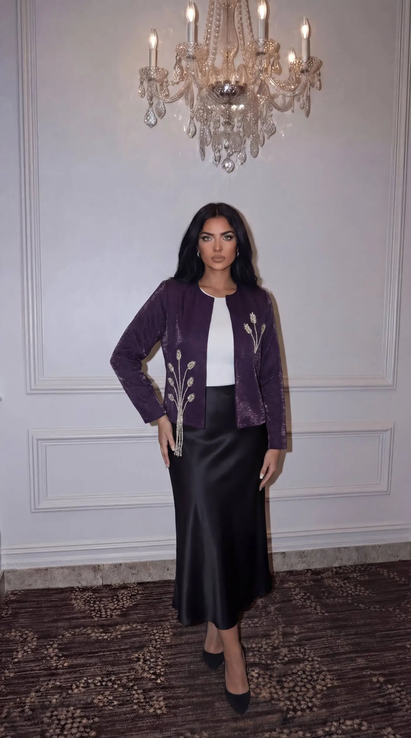 3D Başak Formlu Taş İşlemeli Sim Detaylı Mor Ceket