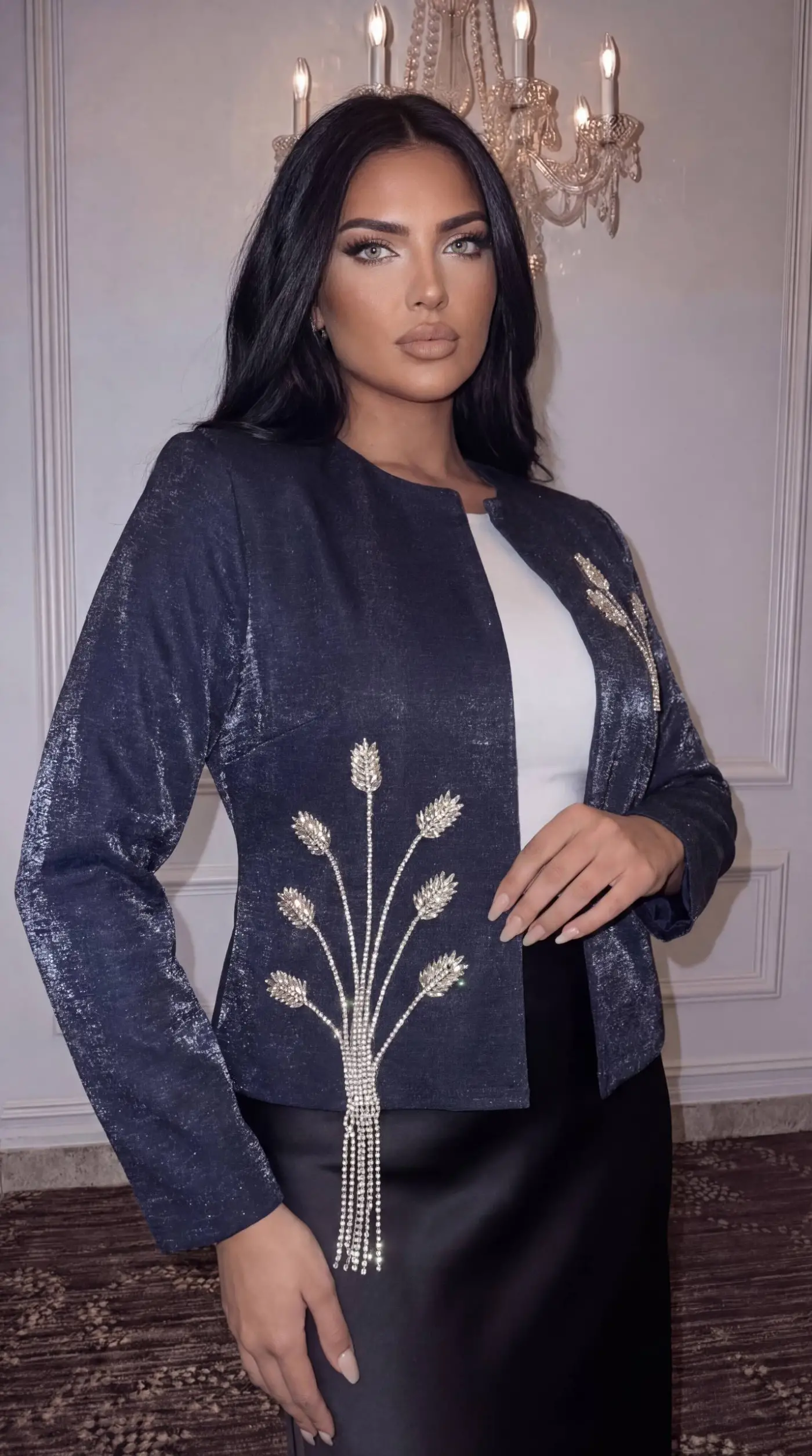 3D Başak Formlu Taş İşlemeli Sim Detaylı Lacivert Ceket