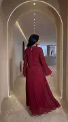 Etnik Desenli Taş Detaylı Krep Kumaş Kırmızı Etek Bluz İkili Takım