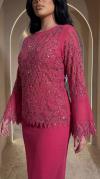 Etnik Desenli Taş Detaylı Krep Kumaş Pembe Bluz Etek İkili Takım