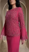 Etnik Desenli Taş Detaylı Krep Kumaş Pembe Bluz Etek İkili Takım