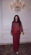 Çiçek Desenli Kırmızı Simetrik Kesim Krep Kumaş Bluz Pantalon İkili Takım