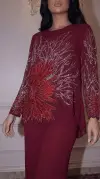 Çiçek Desenli Kırmızı Simetrik Kesim Krep Kumaş Bluz Pantalon İkili Takım