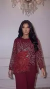 Çiçek Desenli Kırmızı Simetrik Kesim Krep Kumaş Bluz Pantalon İkili Takım
