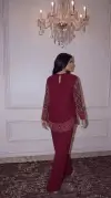 Çiçek Desenli Kırmızı Simetrik Kesim Krep Kumaş Bluz Pantalon İkili Takım