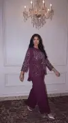 Çiçek Desenli Mürdüm Simetrik Kesim Krep Kumaş Bluz Pantalon İkili Takım