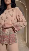 Gül Desenli Krep Kumaş Krem Bluz Pantalon İkili Takım