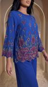 Gül Desenli Krep Kumaş Mavi Bluz Pantalon İkili Takım