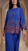 Gül Desenli Krep Kumaş Mavi Bluz Pantalon İkili Takım