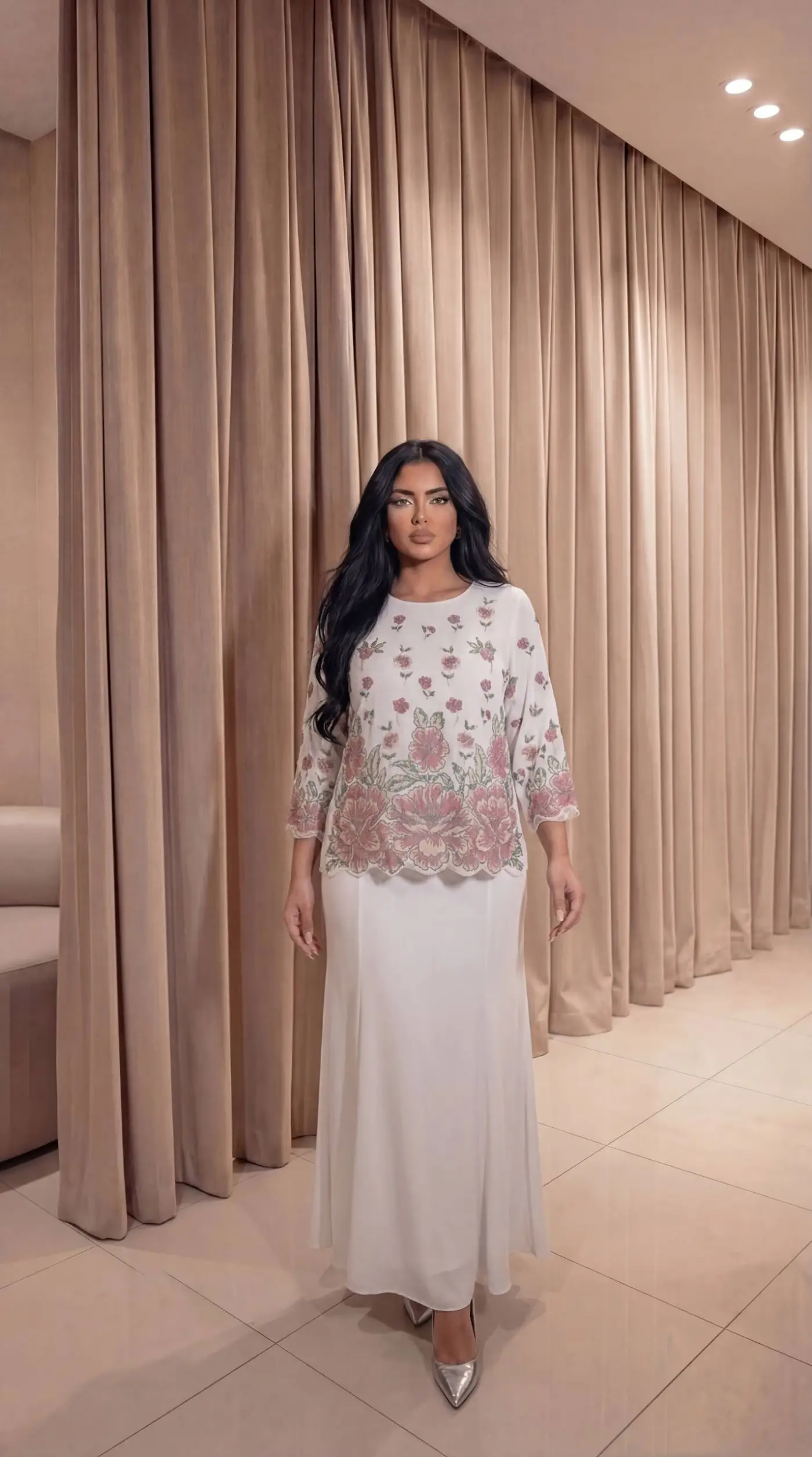 Gül Desenli Krep Kumaş Krem Bluz Etek İkili Takım