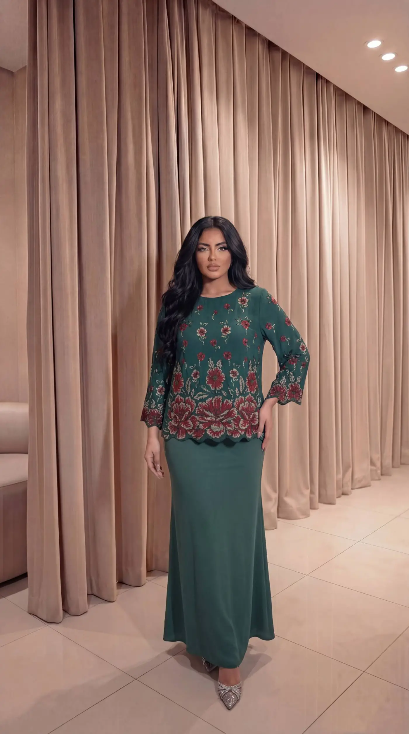 Gül Desenli Krep Kumaş Yeşil Bluz