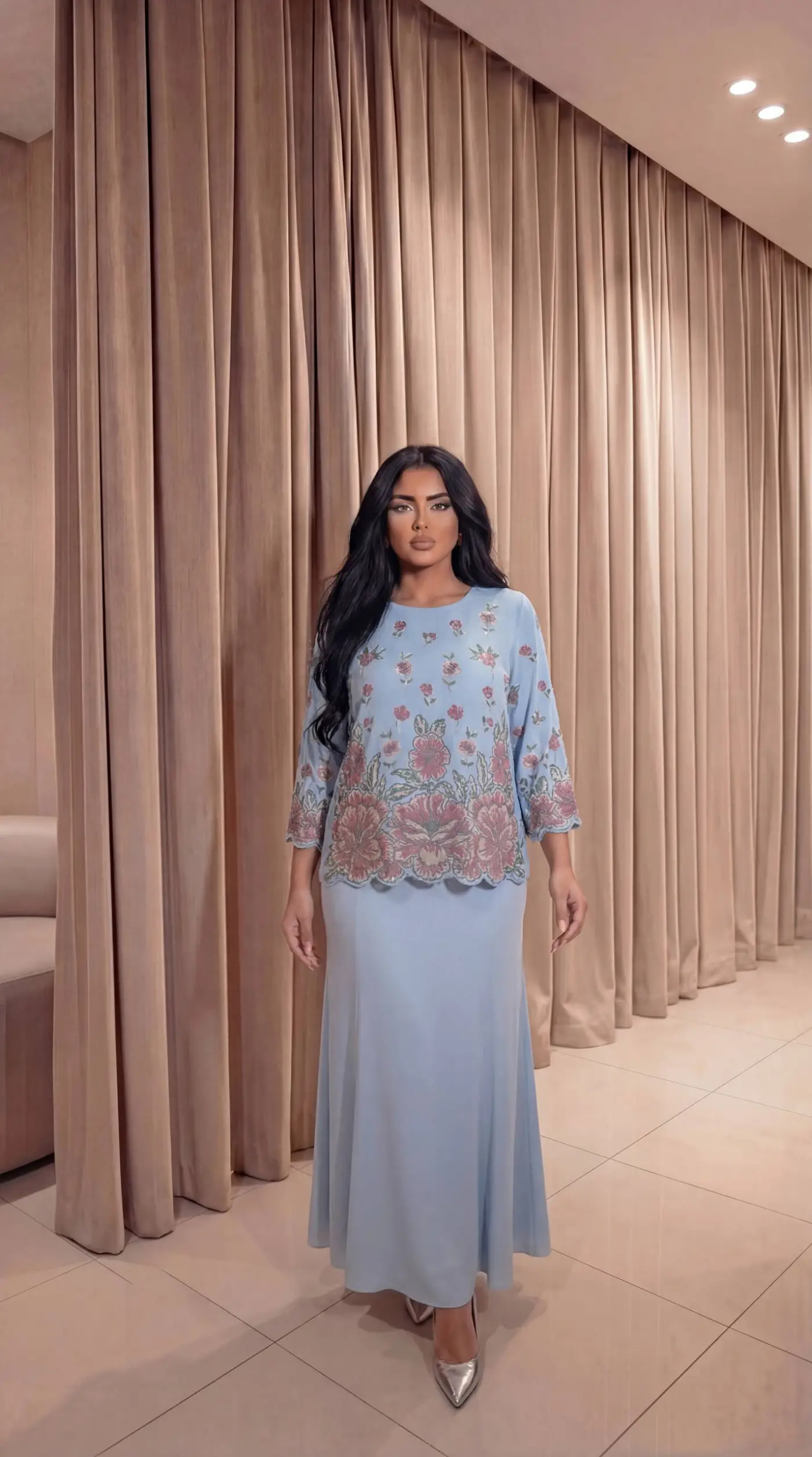 Gül Desenli Krep Kumaş BebeMavi Bluz