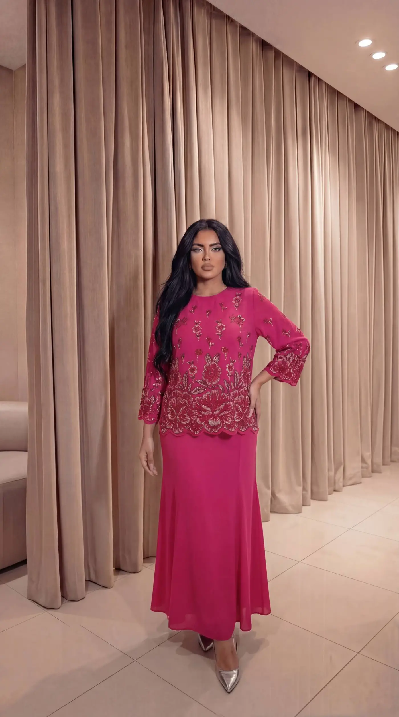 Gül Desenli Krep Kumaş Pembe Bluz