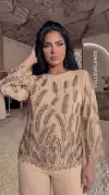 Damla Taş Detaylı Başak Desenli Krem Bluz Pantalon İkili Takım