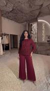Damla Taş Detaylı Başak Desenli Bordo Bluz Pantalon İkili Takım