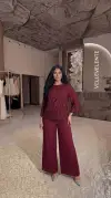 Damla Taş Detaylı Başak Desenli Bordo Bluz Pantalon İkili Takım