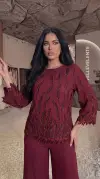 Damla Taş Detaylı Başak Desenli Bordo Bluz Pantalon İkili Takım