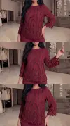 Damla Taş Detaylı Başak Desenli Bordo Bluz Pantalon İkili Takım