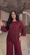 Damla Taş Detaylı Başak Desenli Bordo Bluz Pantalon İkili Takım