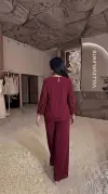 Damla Taş Detaylı Başak Desenli Bordo Bluz Pantalon İkili Takım