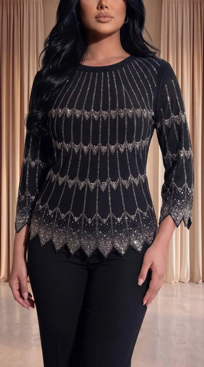 Zikzak Desenli Silver Taş Işlemeli Siyah Viskon Bluz