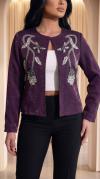 3D Çiçek Desenli Sim İşlemeli Mor Ceket