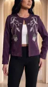 3D Çiçek Desenli Sim İşlemeli Mor Ceket