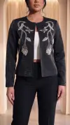 3D Çiçek Desenli Sim İşlemeli Siyah Ceket