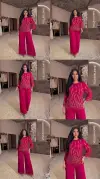 Damla Taş Detaylı Pembe Krep Kumaş Bluz Etek İkili Takım