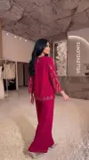 Damla Taş Detaylı Pembe Krep Kumaş Bluz Etek İkili Takım